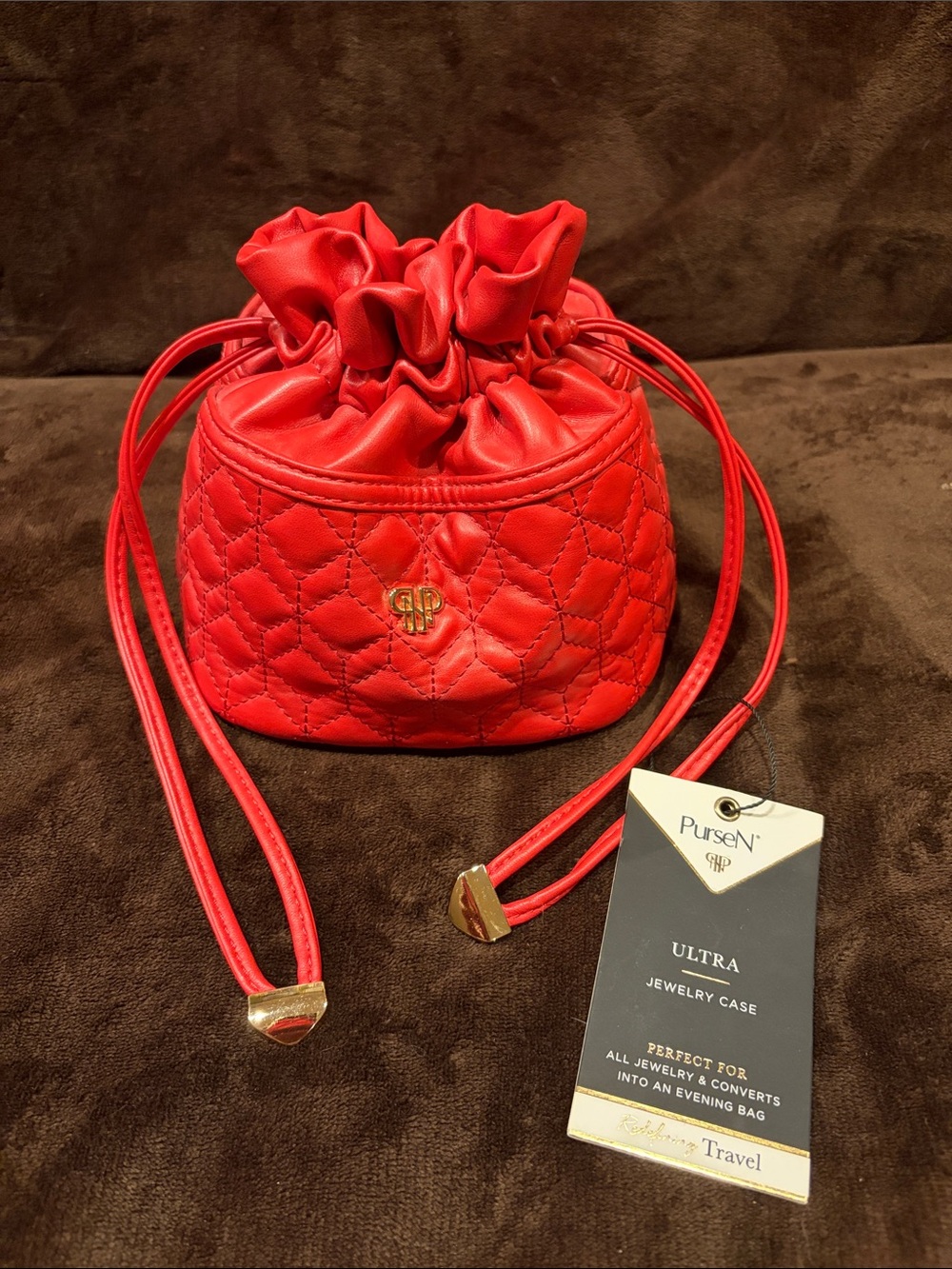 PurseN Red Quilted Drawstring Jewelry Pouch with Gold Accents
